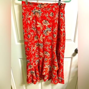 Vince Camuto Coral Blaze Floral Print Ruffle Midi Skirt Size 4